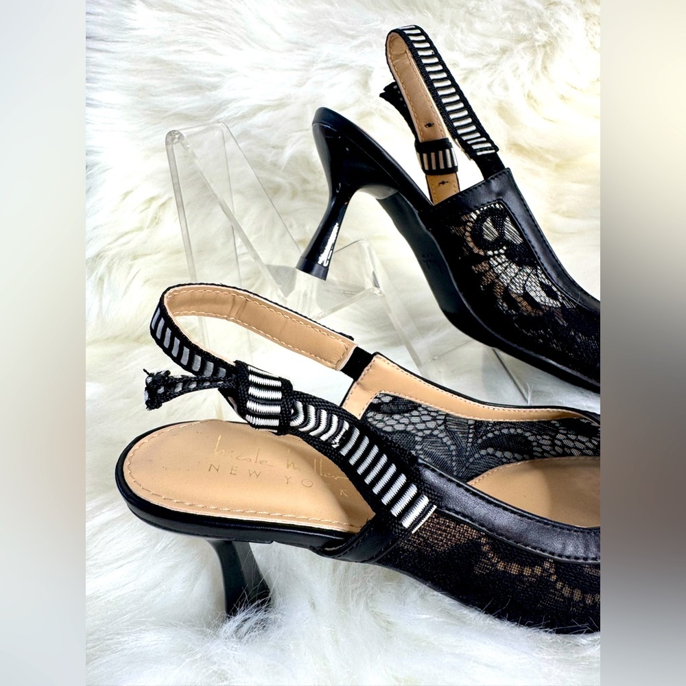 Black Patent Slingback Heels with Striped Elastic - Picture 2 of 13